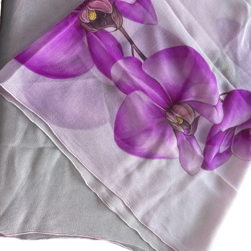 Sheer silk chiffon scarf long rectangle wrap pink purple floral hand painted